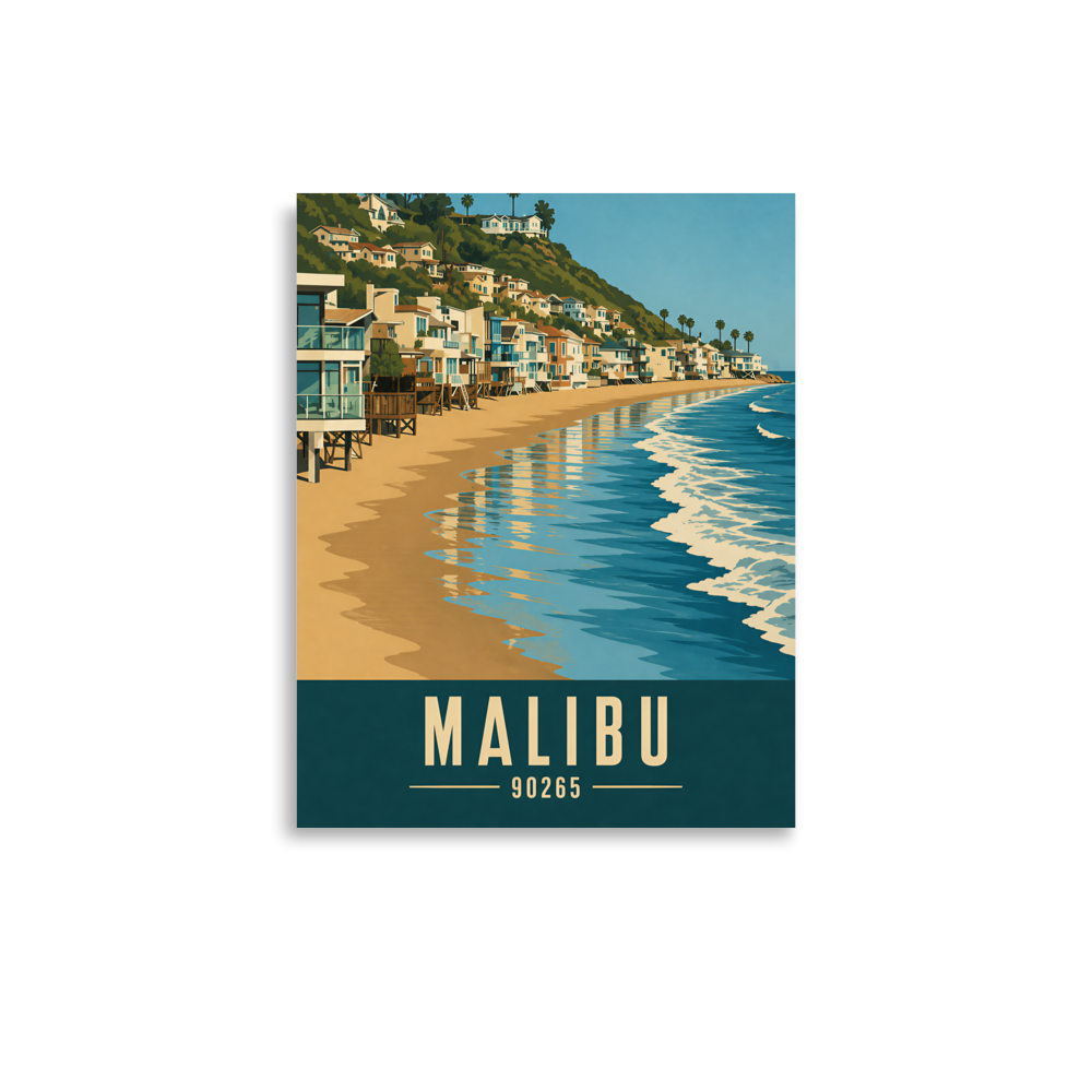 Malibu beach house coastal poster with 90265 zip code, beachfront wall art