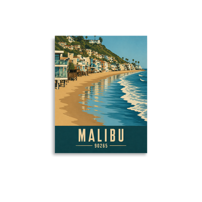 Malibu beach house coastal poster with 90265 zip code, beachfront wall art