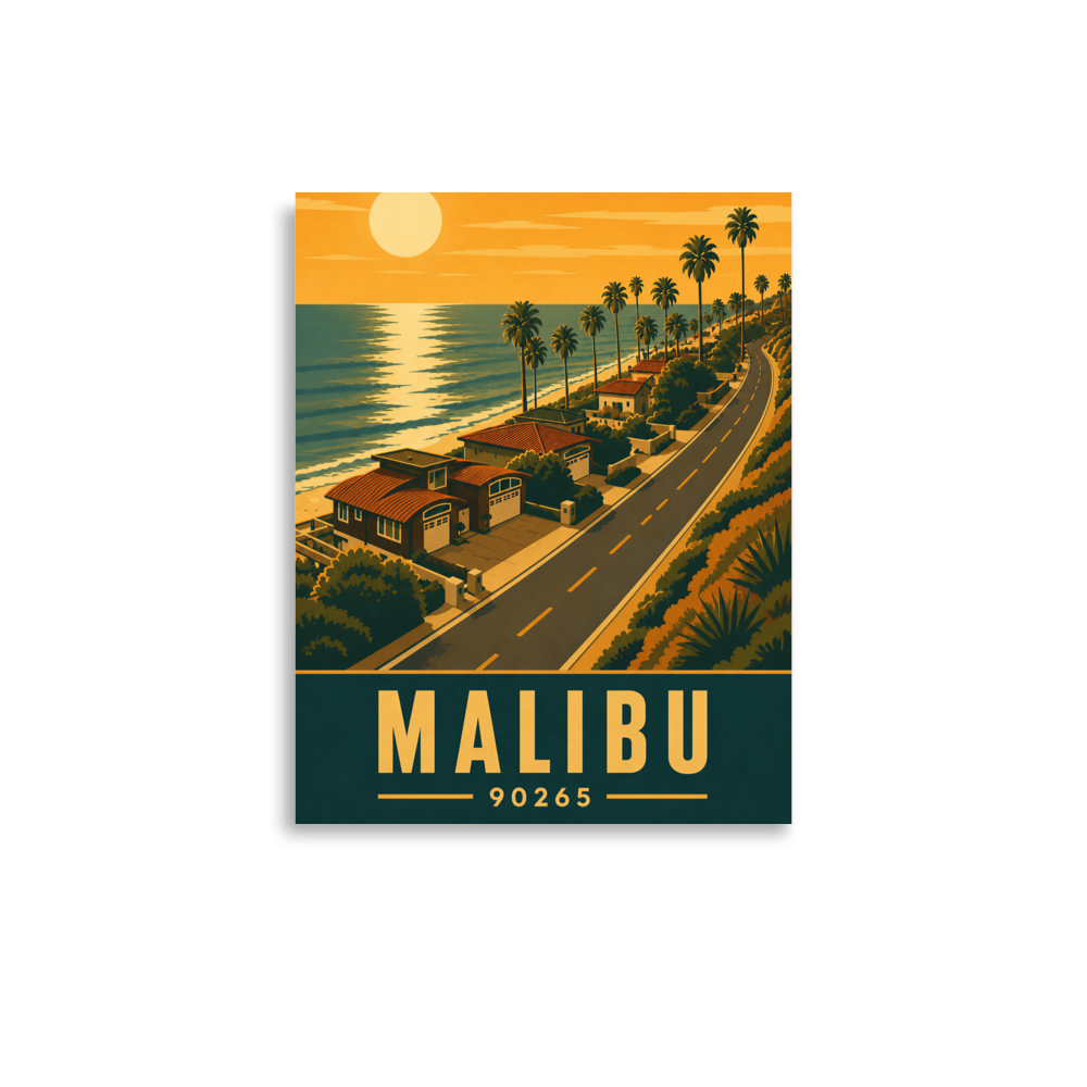 Malibu palm-lined sunset coastal road poster with 90265 zip code