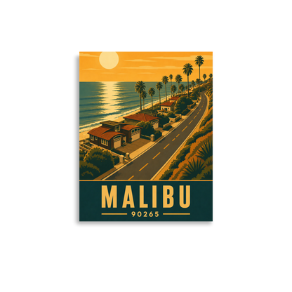 Malibu palm-lined sunset coastal road poster with 90265 zip code