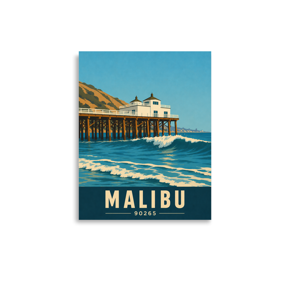 Malibu oceanfront pier and waves poster with 90265 zip code
