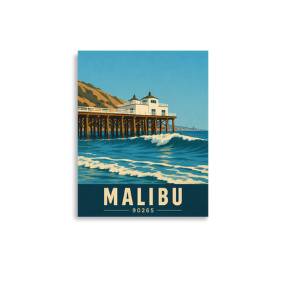 Malibu oceanfront pier and waves poster with 90265 zip code