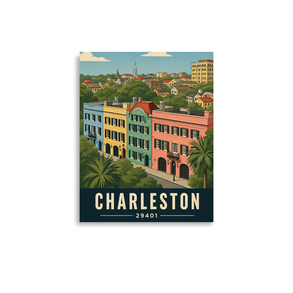 Rainbow Row Charleston historic homes poster with 29401 zip code