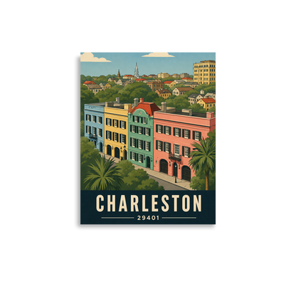 Rainbow Row Charleston historic homes poster with 29401 zip code