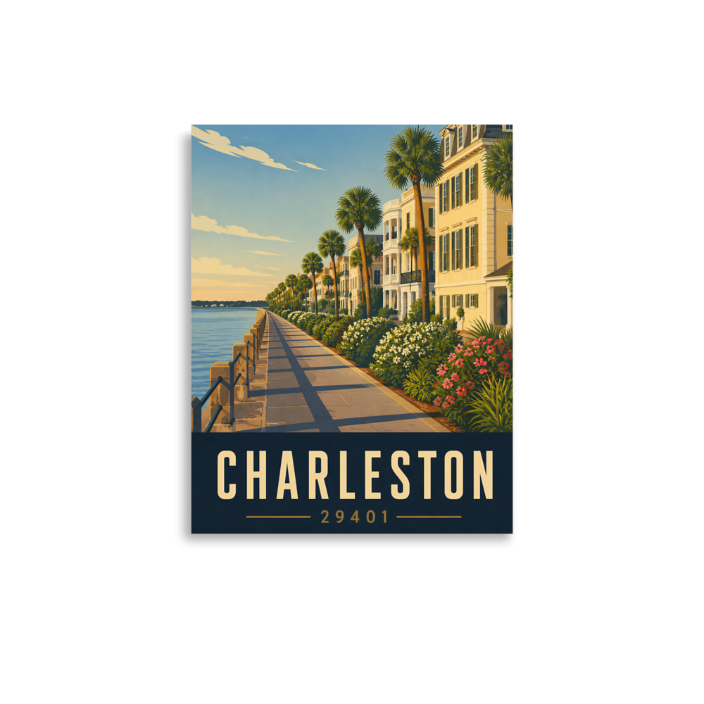 Charleston The Battery waterfront promenade poster with 29401 zip code