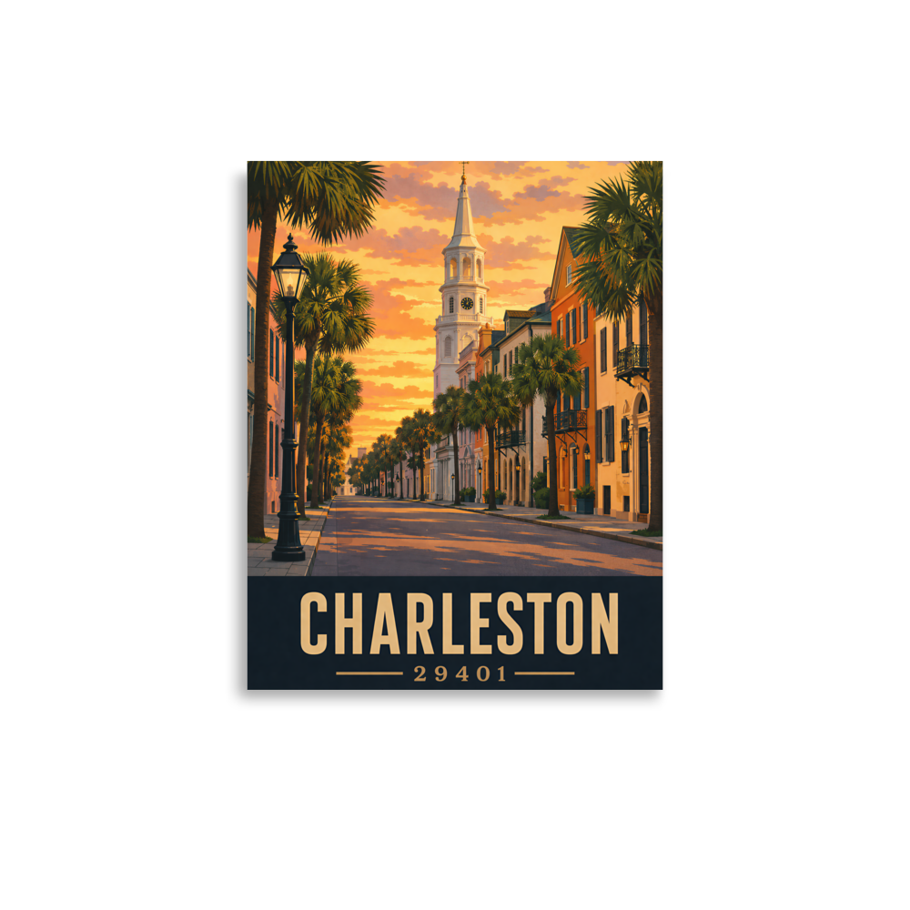 Charleston St. Michael's Church steeple sunset poster with 29401 zip code