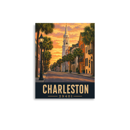 Charleston St. Michael's Church steeple sunset poster with 29401 zip code