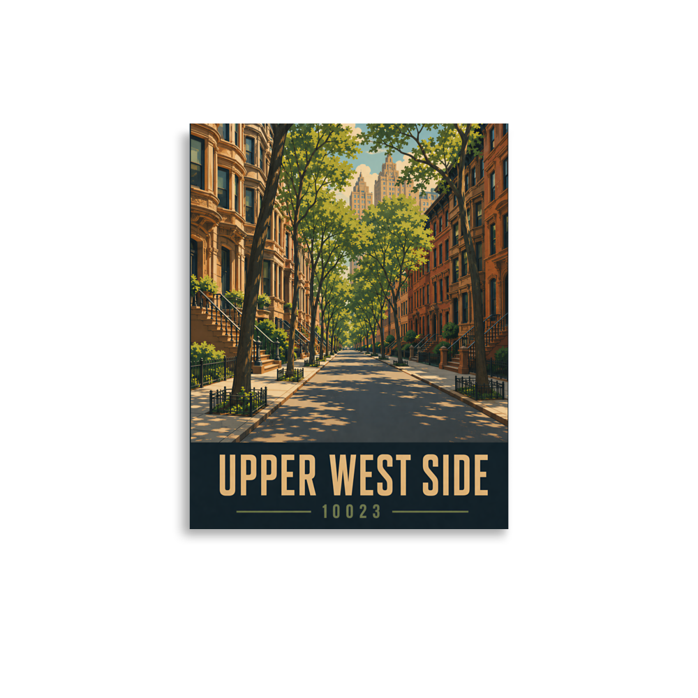 Upper West Side brownstone street poster with 10023 zip code, retro NYC wall art