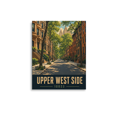 Upper West Side brownstone street poster with 10023 zip code, retro NYC wall art