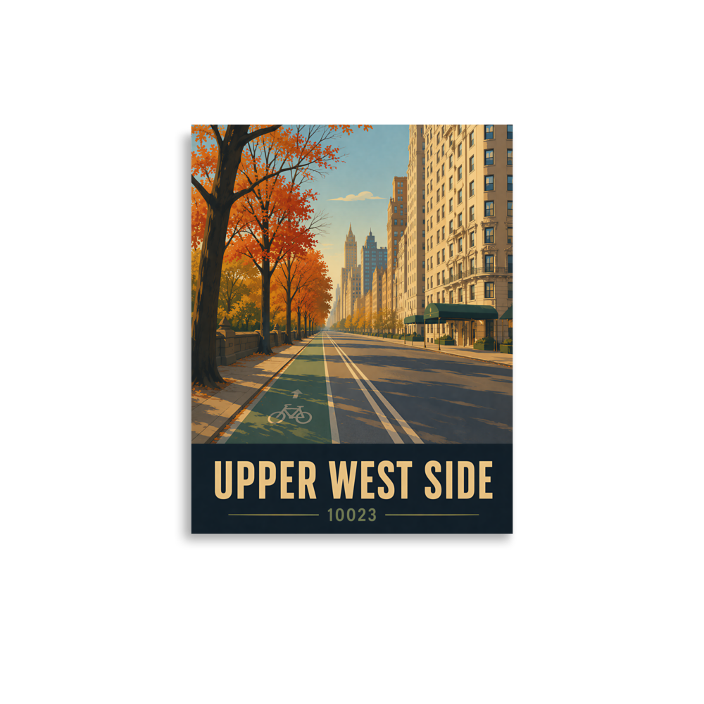 Central Park West autumn poster with 10023 zip code, retro NYC wall art