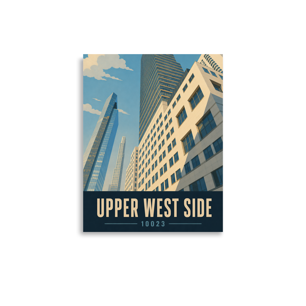 Upper West Side poster with Manhattan glass skyscraper view and 10023 zip code