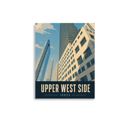 Upper West Side poster with Manhattan glass skyscraper view and 10023 zip code