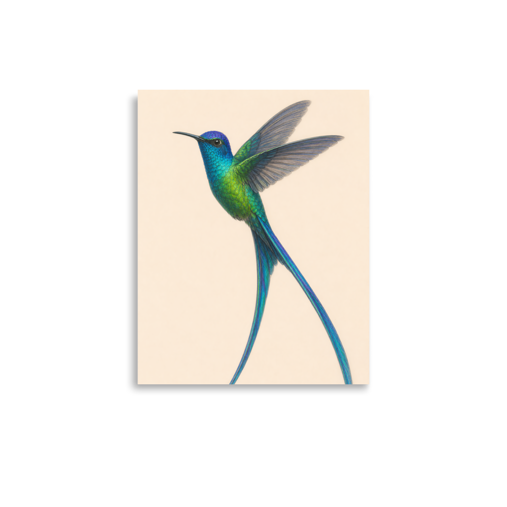 Long-tailed Sylph hummingbird colored pencil illustration print, teal iridescent plumage on warm cream background wall art