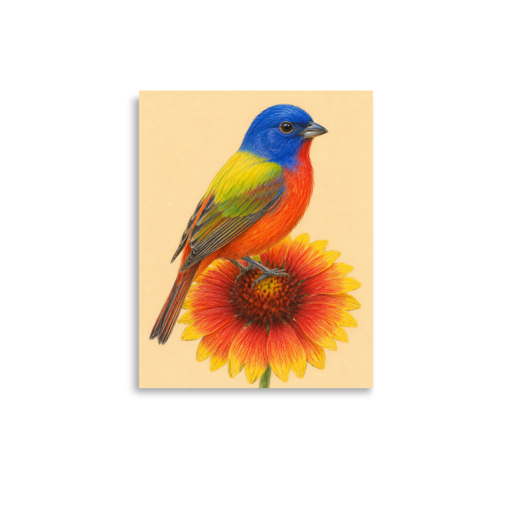 Painted Bunting colored pencil illustration on Indian Blanket flower, sandy cream background wall art