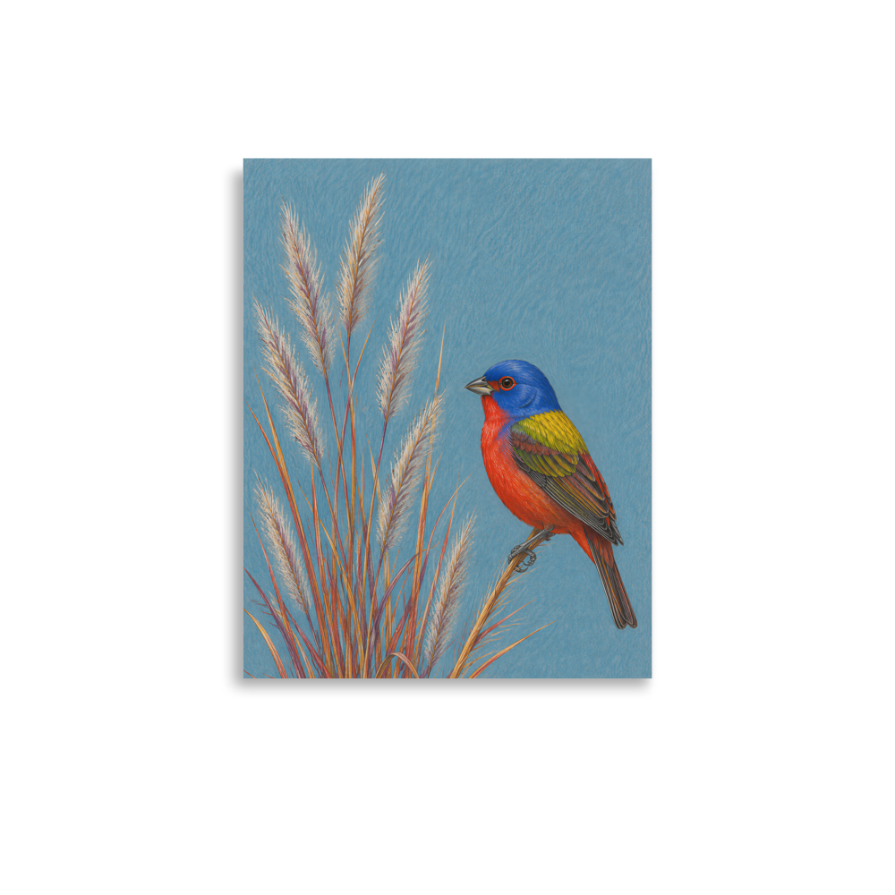 Painted Bunting colored pencil illustration in prairie grass, dusty blue background wall art
