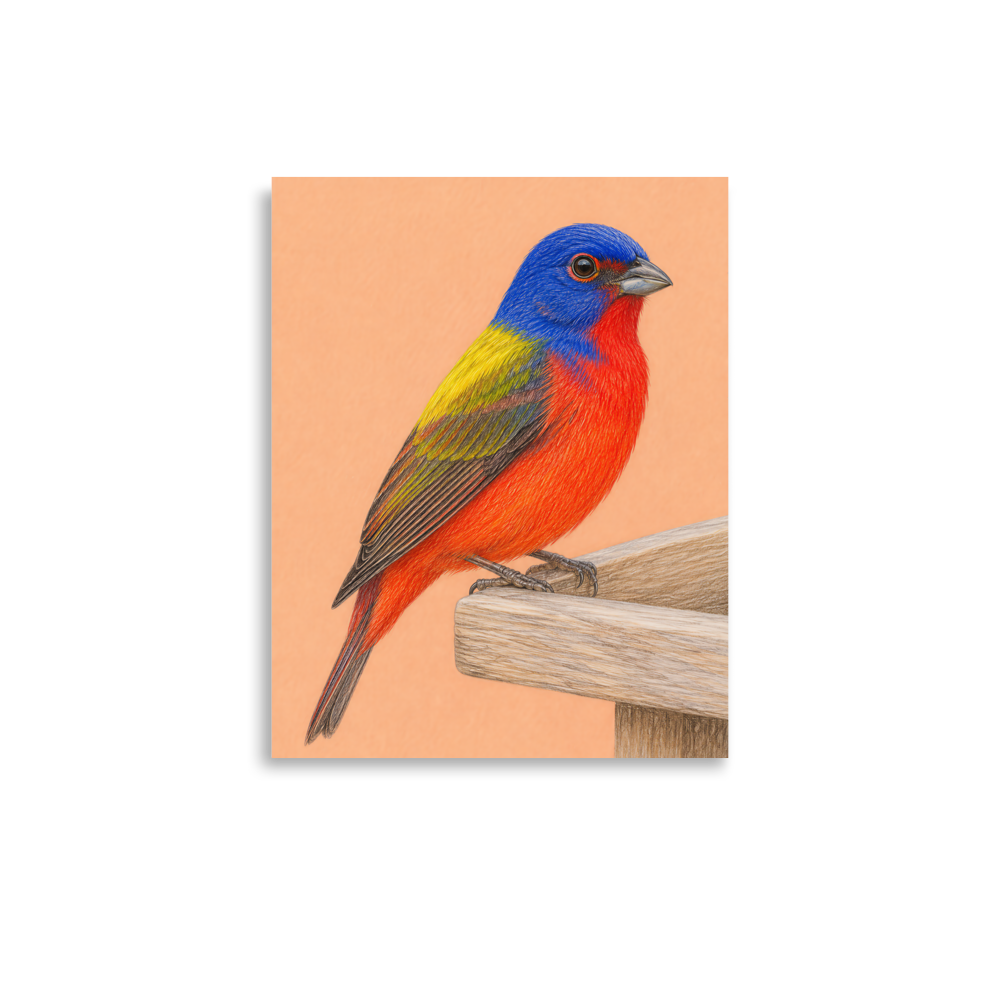 Painted Bunting colored pencil illustration on wooden feeder, apricot pastel background wall art