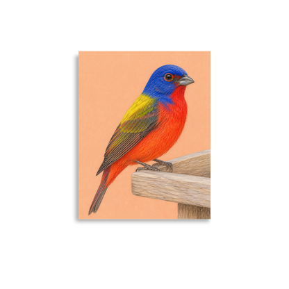 Painted Bunting colored pencil illustration on wooden feeder, apricot pastel background wall art