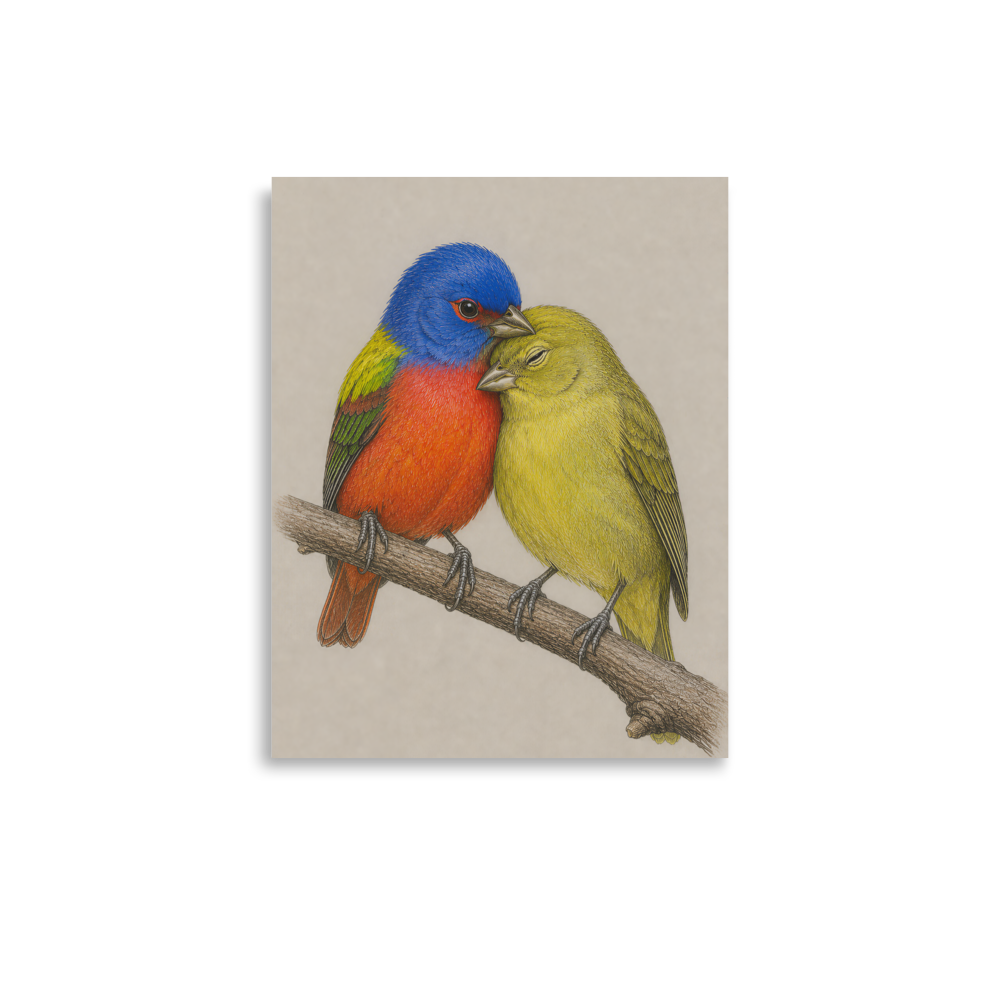 Male and female Painted Bunting pair colored pencil illustration on neutral background wall art