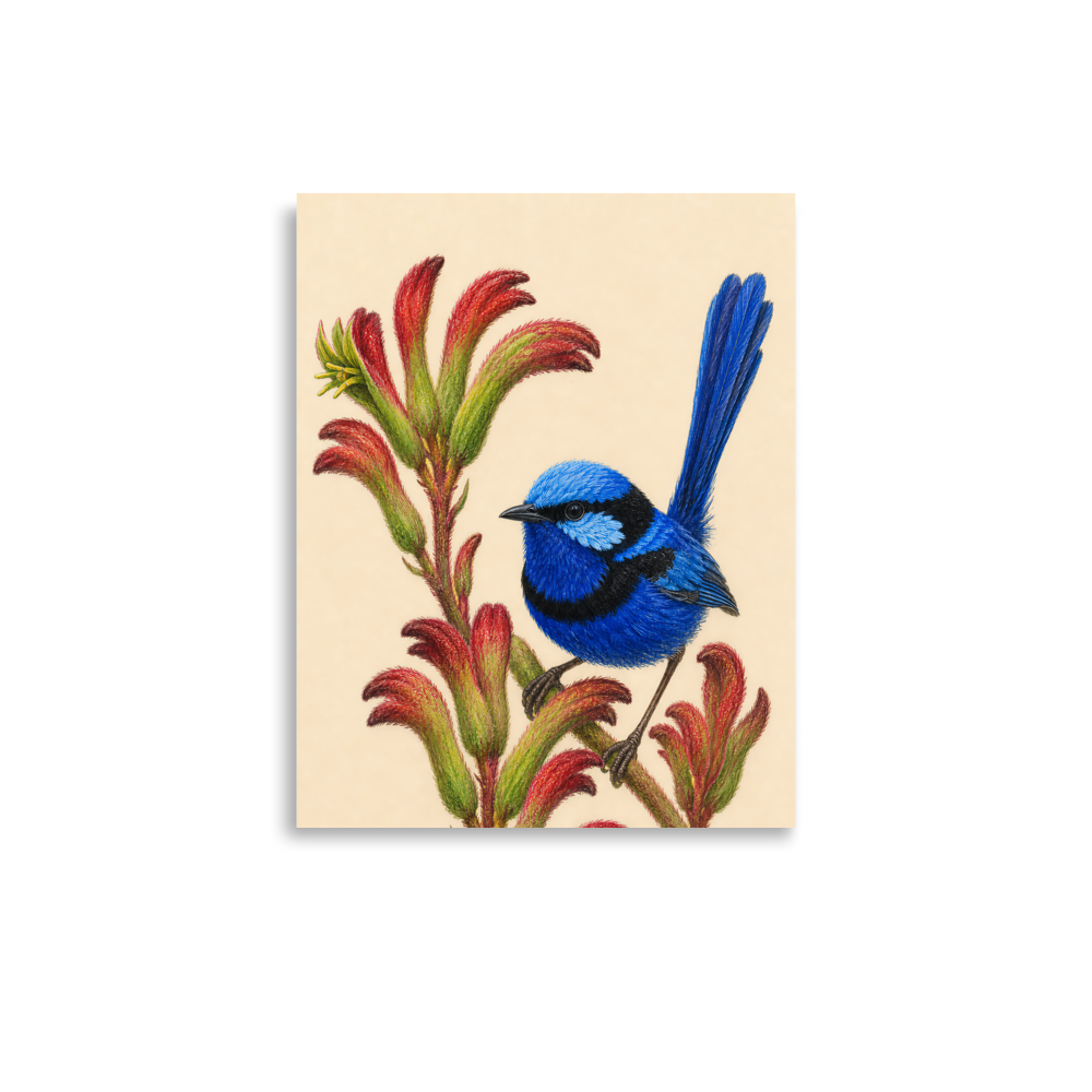 Splendid Fairywren blue wren colored pencil illustration on Kangaroo Paw flowers, warm cream background