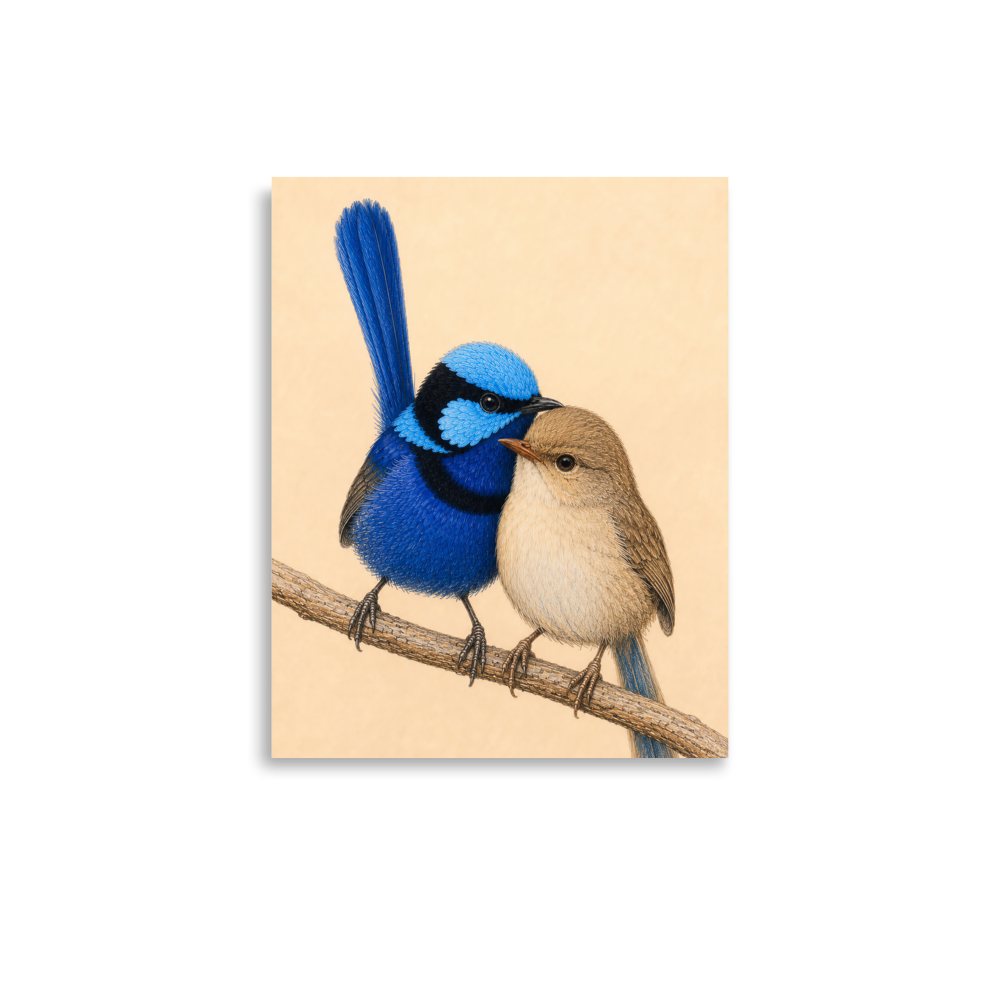 Male and female Splendid Fairywren blue wren pair colored pencil illustration on warm background