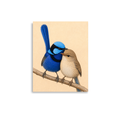 Male and female Splendid Fairywren blue wren pair colored pencil illustration on warm background