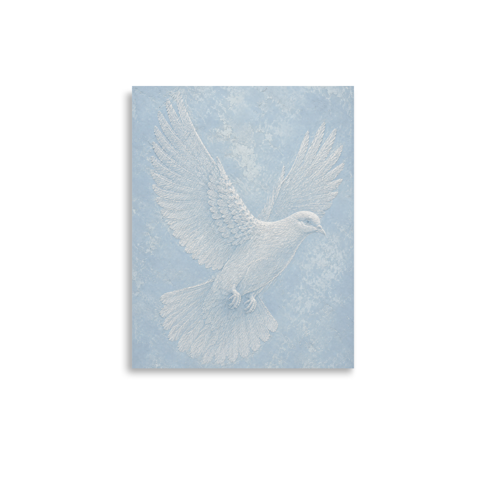 Peace dove print with embossed relief-look design on dusty blue textured background