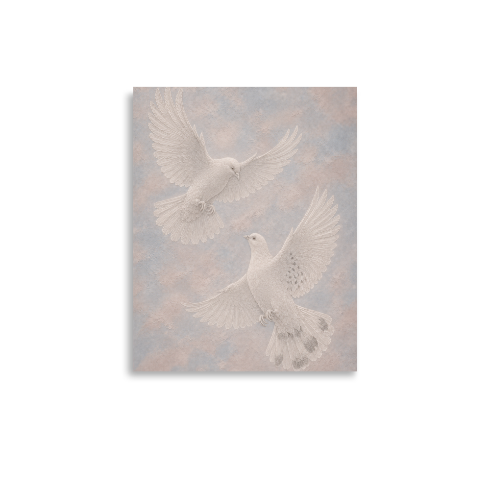 Two peace doves print with embossed relief-look design on dusty blue and blush textured background