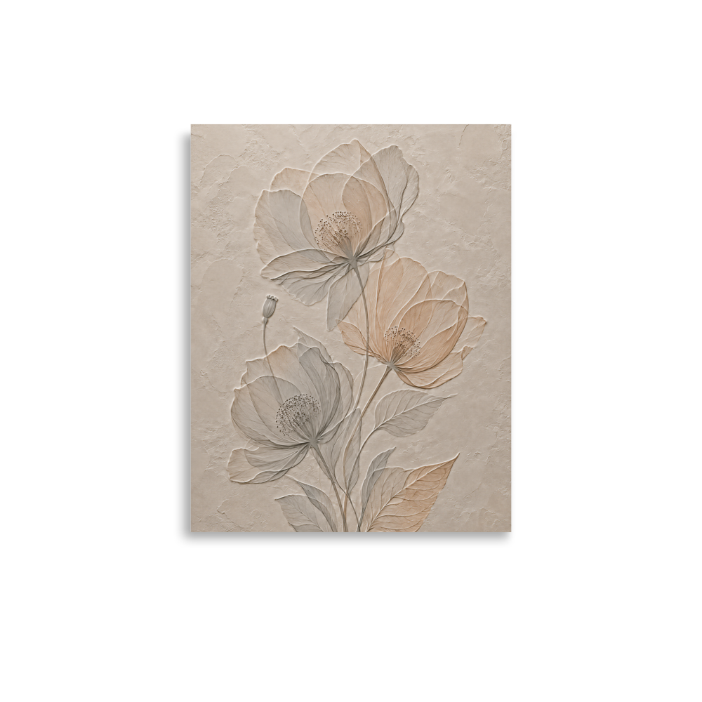 Wildflower bouquet print with embossed relief-look design on neutral beige textured background