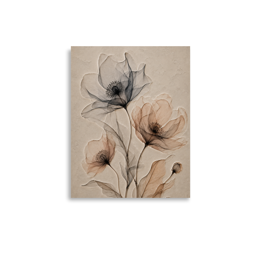 Wildflower trio print with embossed relief-look design in charcoal and clay tones on beige textured background