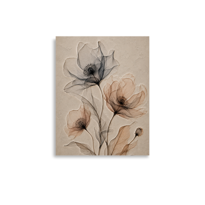 Wildflower trio print with embossed relief-look design in charcoal and clay tones on beige textured background