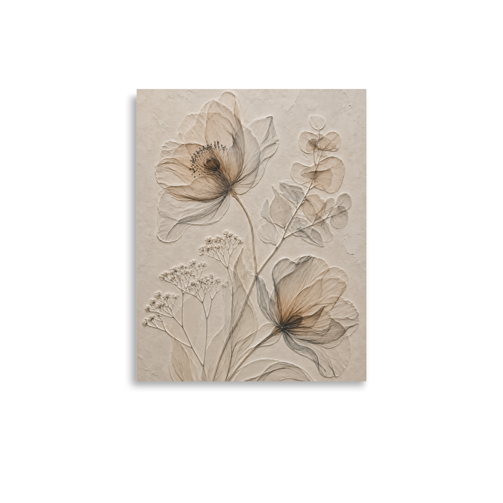 Botanical study print with embossed relief-look design in warm sepia tones on beige textured background