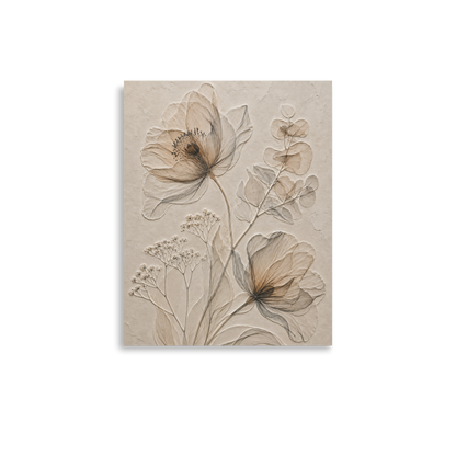 Botanical study print with embossed relief-look design in warm sepia tones on beige textured background