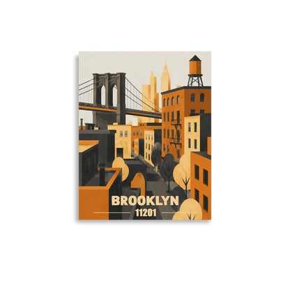 Brooklyn fire escape retro travel poster print, 11201 zip code wall art, unframed