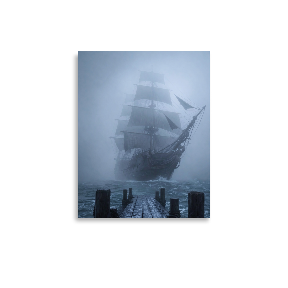 Ghost ship emerging from fog at dawn, dark moody coastal wall art print, JMTR Jeometry Store