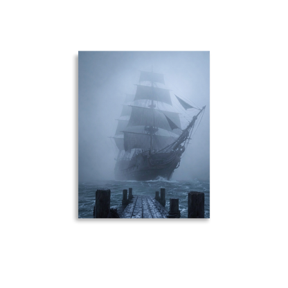 Ghost ship emerging from fog at dawn, dark moody coastal wall art print, JMTR Jeometry Store