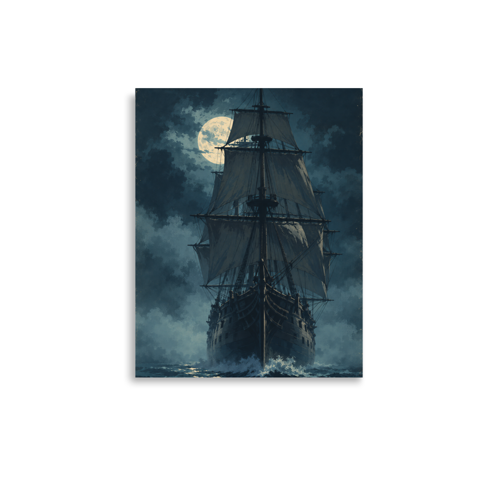 Tall ship sailing under full moon at night, vintage atmospheric nautical wall art print, JMTR Jeometry Store