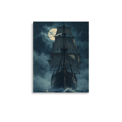 Tall ship sailing under full moon at night, vintage atmospheric nautical wall art print, JMTR Jeometry Store