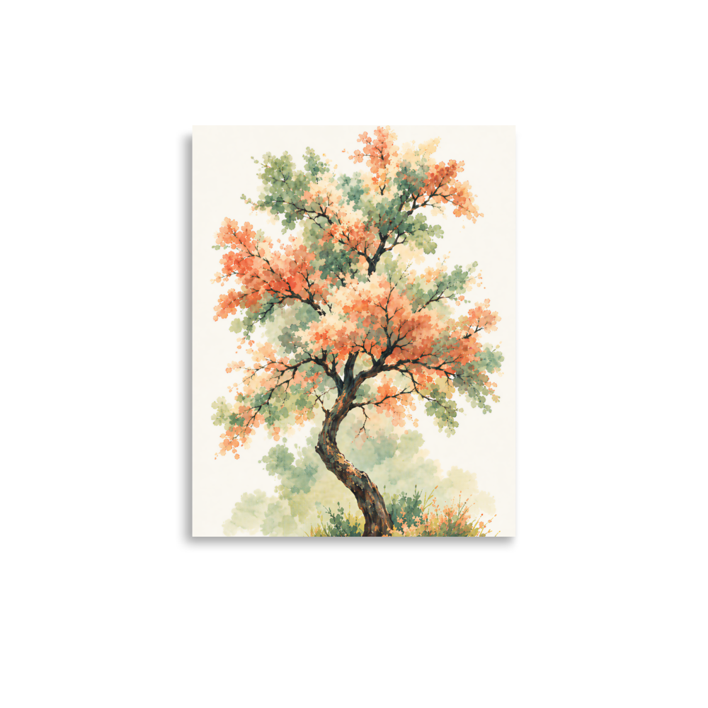Watercolor painting of a blossoming tree with coral and sage green leaves, twisting trunk in a quiet meadow, wall art print, JMTR Jeometry Store