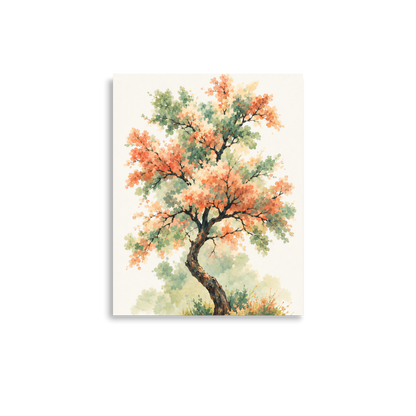 Watercolor painting of a blossoming tree with coral and sage green leaves, twisting trunk in a quiet meadow, wall art print, JMTR Jeometry Store
