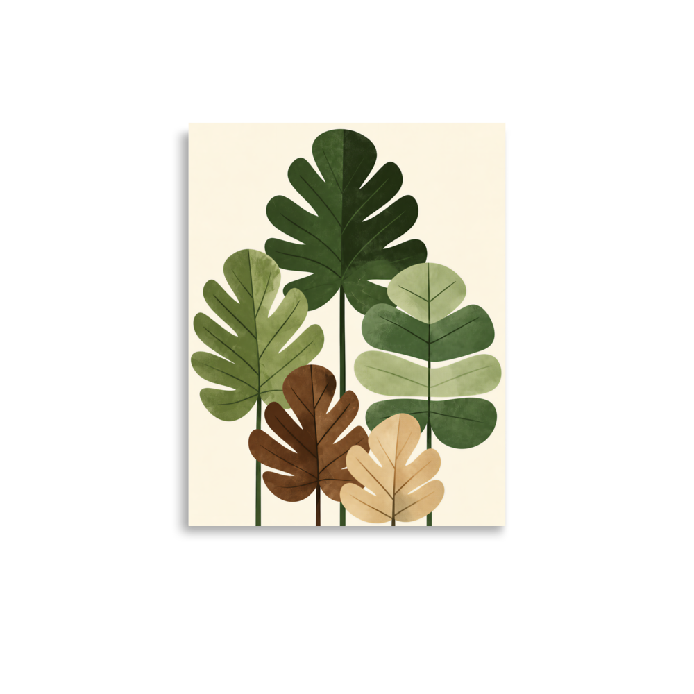 Illustrated fig leaves in shades of green, brown and gold with textured paper-like finish, botanical wall art print, JMTR Jeometry Store