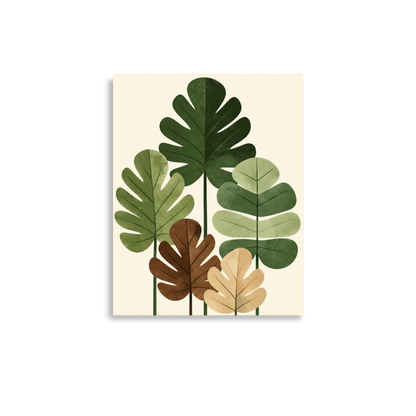 Illustrated fig leaves in shades of green, brown and gold with textured paper-like finish, botanical wall art print, JMTR Jeometry Store