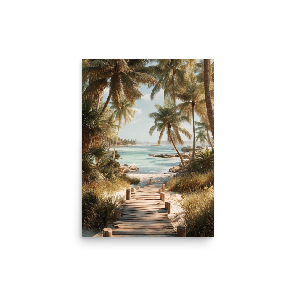 Wooden boardwalk path through tropical palm trees 
leading to calm turquoise beach, 
coastal wall art print, JMTR Jeometry Store
