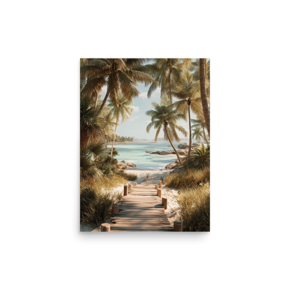 Wooden boardwalk path through tropical palm trees 
leading to calm turquoise beach, 
coastal wall art print, JMTR Jeometry Store