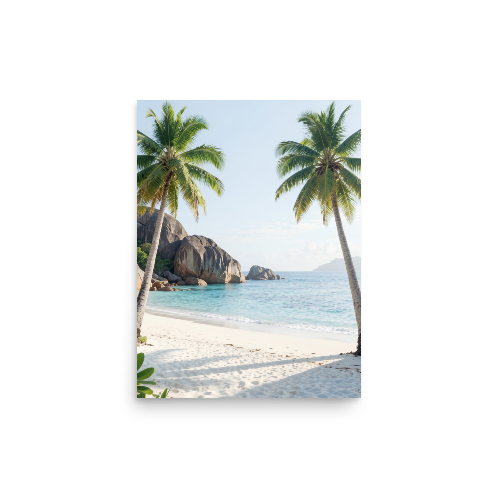 Tropical beach scene with two palm trees, turquoise ocean and white sand, calm aesthetic wall art print, JMTR Jeometry Store
