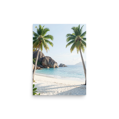Tropical beach scene with two palm trees, turquoise ocean and white sand, calm aesthetic wall art print, JMTR Jeometry Store