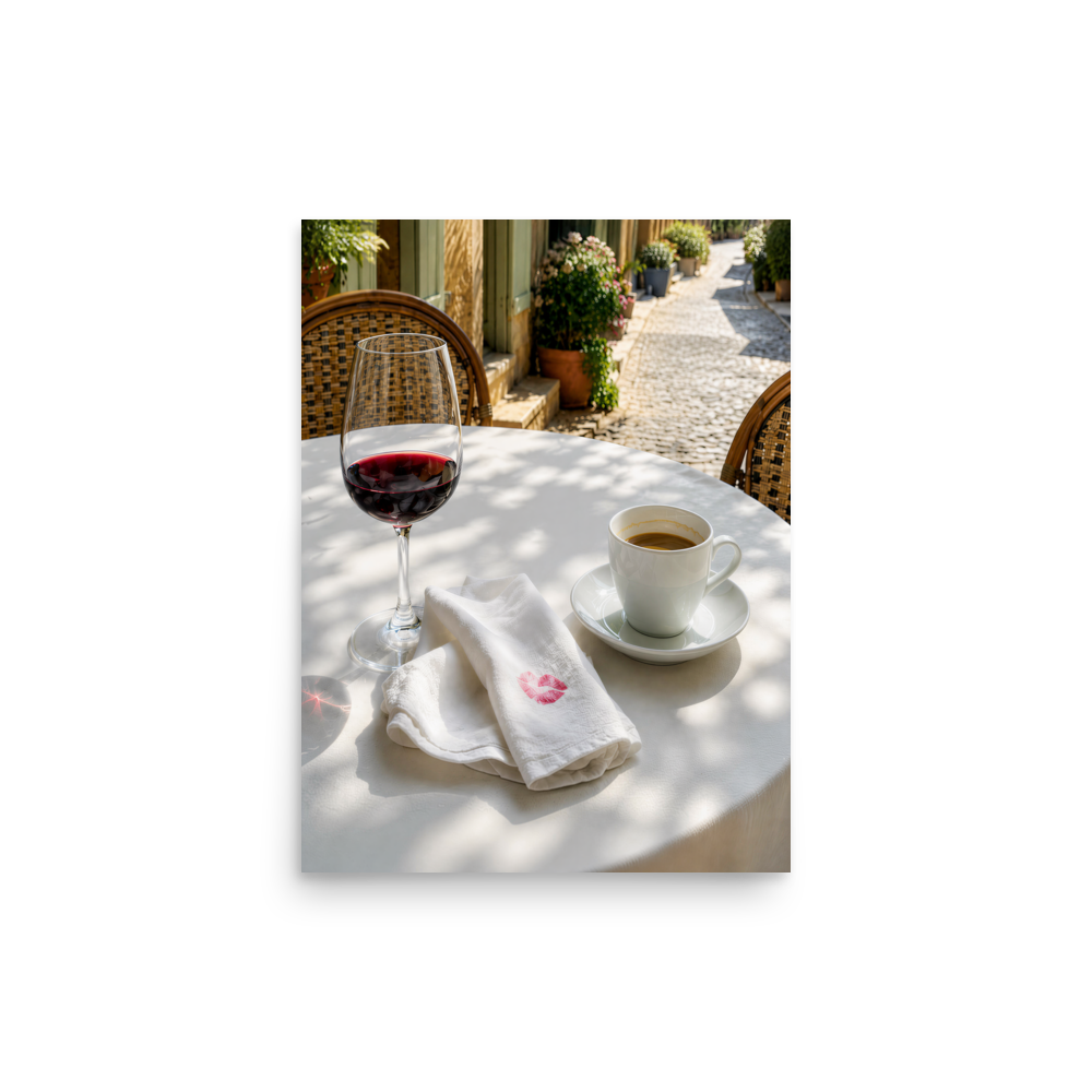 Sunlit café terrace table with red wine, espresso cup and linen napkin, calm aesthetic wall art print, JMTR Jeometry Store