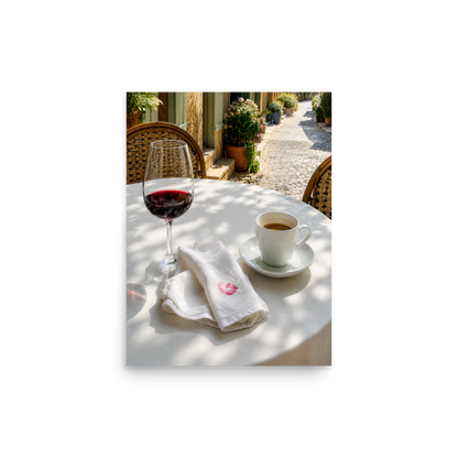 Sunlit café terrace table with red wine, espresso cup and linen napkin, calm aesthetic wall art print, JMTR Jeometry Store