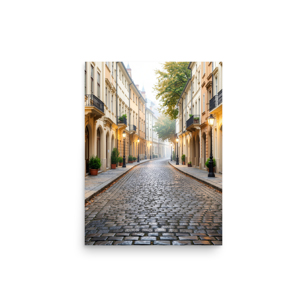 European cobblestone street at dawn, morning fog, glowing lanterns, calm aesthetic wall art print, JMTR Jeometry Store