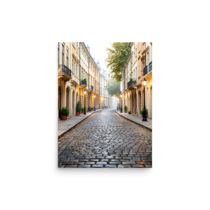 European cobblestone street at dawn, morning fog, glowing lanterns, calm aesthetic wall art print, JMTR Jeometry Store
