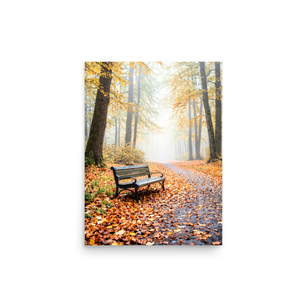 Autumn park bench wall art print, foggy forest path with fall leaves, calm aesthetic poster, JMTR Jeometry Store